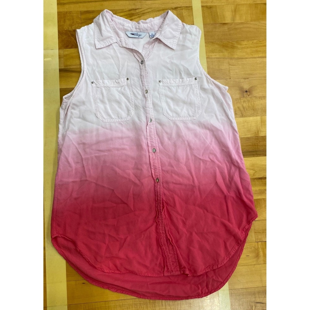 Indigo‎ Ombre Dip Dye Sleeveless Collared Shirt Women's Size M Pink/White